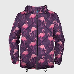 Ветровка с капюшоном мужская Фиолетовые фламинго, цвет: 3D-черный
