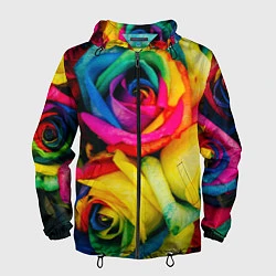 Ветровка с капюшоном мужская Разноцветные розы, цвет: 3D-черный