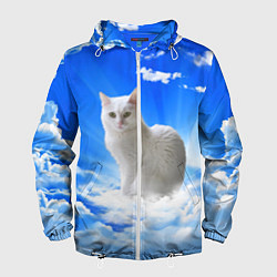 Ветровка с капюшоном мужская Кот в облаках, цвет: 3D-белый
