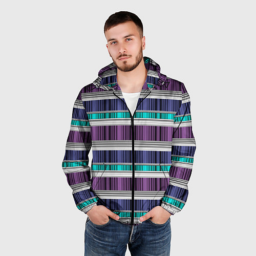 Мужская ветровка Бирюзово-сиреневый полосатый / 3D-Черный – фото 3