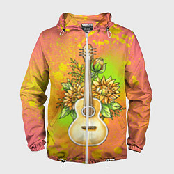 Ветровка с капюшоном мужская Гитара и подсолнухи, цвет: 3D-белый