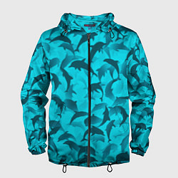 Ветровка с капюшоном мужская Синий камуфляж с дельфинами, цвет: 3D-черный