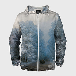 Ветровка с капюшоном мужская Зимний пейзаж картина маслом, цвет: 3D-белый