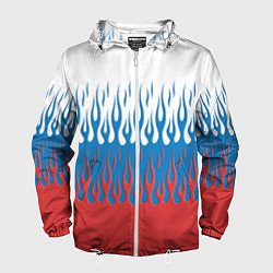 Ветровка с капюшоном мужская Флаг России пламя, цвет: 3D-белый