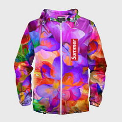 Ветровка с капюшоном мужская Красочный цветочный паттерн Лето Colorful Floral P, цвет: 3D-белый