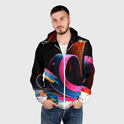 Ветровка с капюшоном мужская Разноцветный мазки краски Абстракция Multicolored, цвет: 3D-белый — фото 2