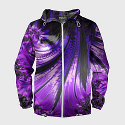 Ветровка с капюшоном мужская Неоновый фрактал черный с фиолетовым Абстракция, цвет: 3D-белый