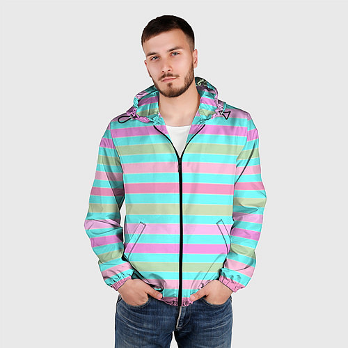 Мужская ветровка Pink turquoise stripes horizontal Полосатый узор / 3D-Черный – фото 3