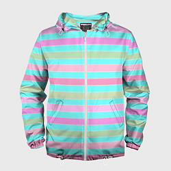 Ветровка с капюшоном мужская Pink turquoise stripes horizontal Полосатый узор, цвет: 3D-белый