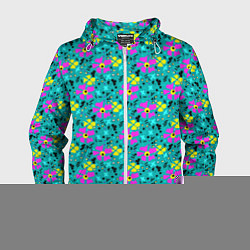 Ветровка с капюшоном мужская Яркий цветочный узор на бирюзовом фоне, цвет: 3D-белый
