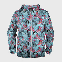 Ветровка с капюшоном мужская Голубые тропические листья и цветы, цвет: 3D-белый