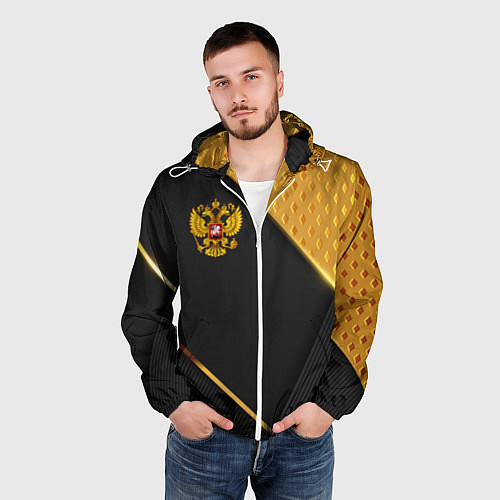 Мужская ветровка Герб России на черном фоне с золотыми вставками / 3D-Белый – фото 3