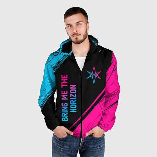 Мужская ветровка Bring Me the Horizon - neon gradient: надпись, сим / 3D-Черный – фото 3