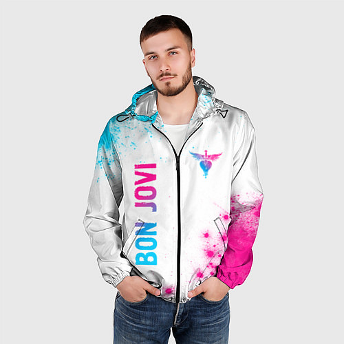 Мужская ветровка Bon Jovi neon gradient style: надпись, символ / 3D-Черный – фото 3