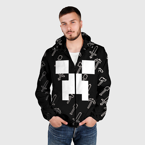 Мужская ветровка Майкрафт паттерн - Криппер / 3D-Черный – фото 3
