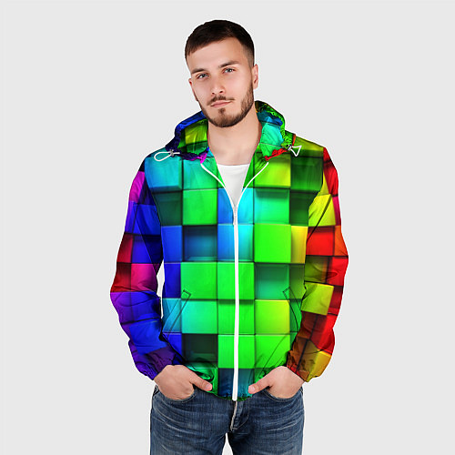 Мужская ветровка Цветные неоновые кубы / 3D-Белый – фото 3