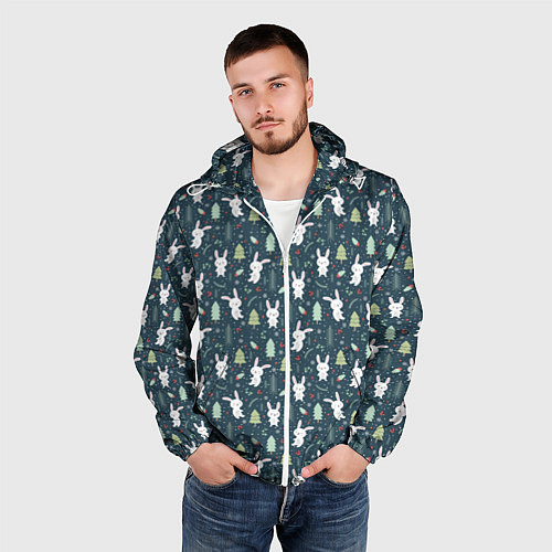 Мужская ветровка Новогодний паттерн, год кролика / 3D-Белый – фото 3