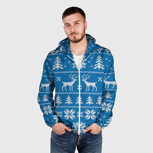 Мужская ветровка Рождественский синий свитер с оленями / 3D-Белый – фото 3