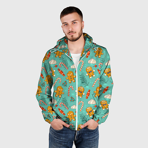 Мужская ветровка Новогодний паттерн с печеньем и конфетами / 3D-Белый – фото 3