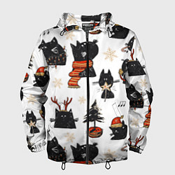 Ветровка с капюшоном мужская Черные котики новогодний узор, цвет: 3D-черный