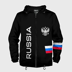 Ветровка с капюшоном мужская Россия и три линии на черном фоне, цвет: 3D-черный