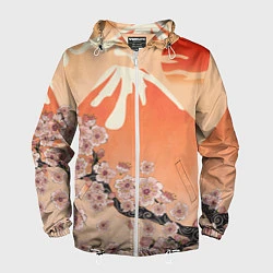 Ветровка с капюшоном мужская Ветка цветущей сакуры и вулкан, цвет: 3D-белый