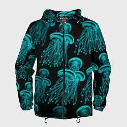 Ветровка с капюшоном мужская Неоновые медузы, цвет: 3D-черный
