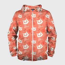 Ветровка с капюшоном мужская Паттерн кот на персиковом фоне, цвет: 3D-белый