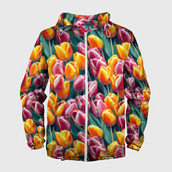 Ветровка с капюшоном мужская Роскошные тюльпаны, цвет: 3D-белый
