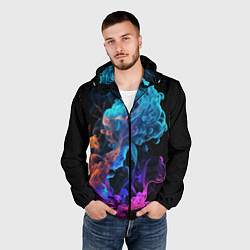 Ветровка с капюшоном мужская Неоновый цветной дым на черном фоне, цвет: 3D-черный — фото 2
