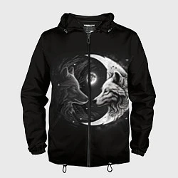 Ветровка с капюшоном мужская Волки инь-янь луна, цвет: 3D-черный