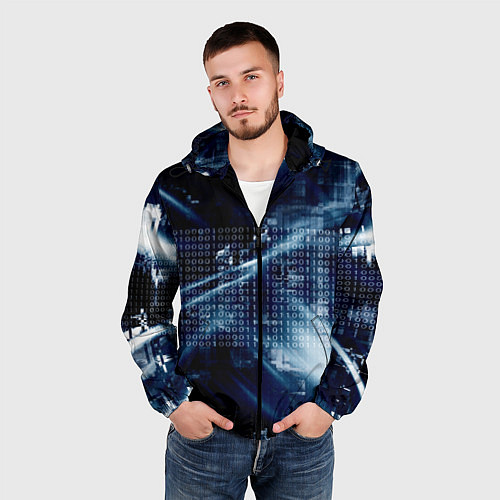 Мужская ветровка Тёмно-ледяной фон и бесконечный код / 3D-Черный – фото 3