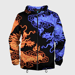 Ветровка с капюшоном мужская Парящие неоновые драконы, цвет: 3D-черный