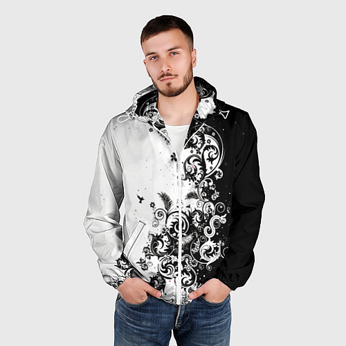 Мужская ветровка Черно-белая птица среди узорчатых цветов / 3D-Белый – фото 3