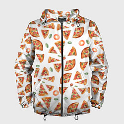 Ветровка с капюшоном мужская Кусочки пиццы - паттерн на белом, цвет: 3D-черный