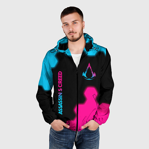 Мужская ветровка Assassins Creed - neon gradient: надпись, символ / 3D-Черный – фото 3