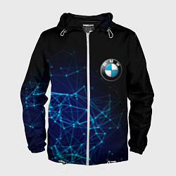 Ветровка с капюшоном мужская BMW - логотип с геометрическим фоном, цвет: 3D-белый