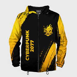 Ветровка с капюшоном мужская Cyberpunk 2077 - gold gradient: надпись, символ, цвет: 3D-черный