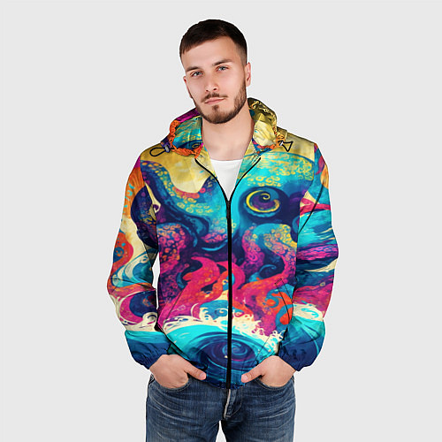 Мужская ветровка Разноцветный осьминог на волнах красок / 3D-Черный – фото 3