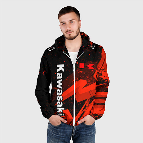 Мужская ветровка Кавасаки - красные брызги / 3D-Белый – фото 3