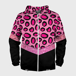 Ветровка с капюшоном мужская Розовый леопард и блестки принт, цвет: 3D-белый