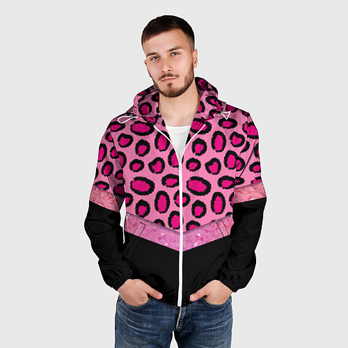 Мужская ветровка Розовый леопард и блестки принт / 3D-Белый – фото 3