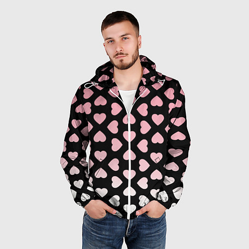 Мужская ветровка Розовые сердечки на чёрном / 3D-Белый – фото 3
