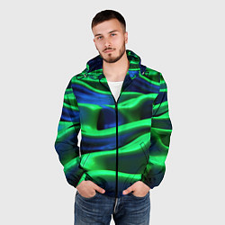 Ветровка с капюшоном мужская Зеленые неоновые волны, цвет: 3D-черный — фото 2
