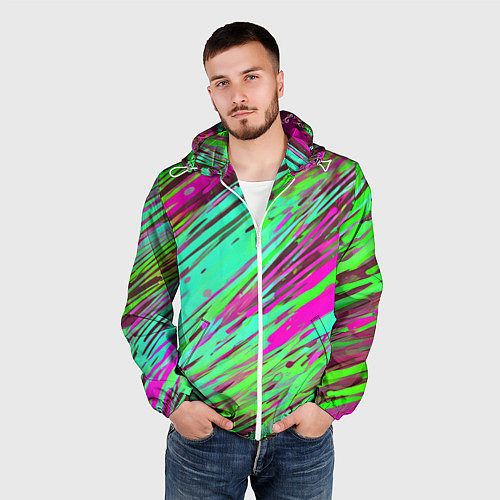 Мужская ветровка Разноцветные брызги зелёные и розовые / 3D-Белый – фото 3