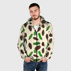 Ветровка с капюшоном мужская Зимний узор - еловые ветки и шишки, цвет: 3D-черный — фото 2