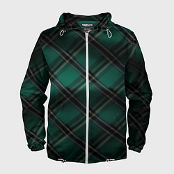 Ветровка с капюшоном мужская Тёмно-зелёная диагональная шотландская клетка, цвет: 3D-белый