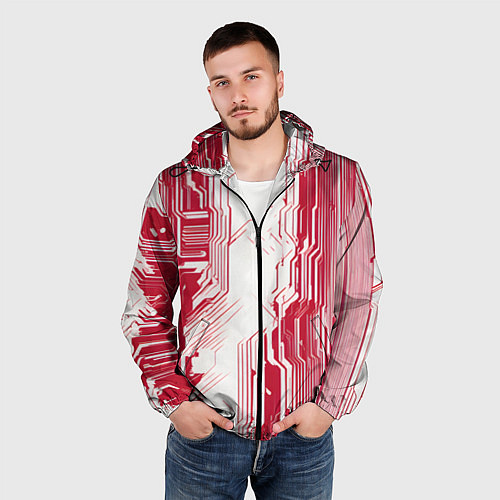 Мужская ветровка Красные линии на белом фоне киберпанк / 3D-Черный – фото 3