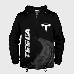 Ветровка с капюшоном мужская Tesla speed на темном фоне со следами шин вертикал, цвет: 3D-черный