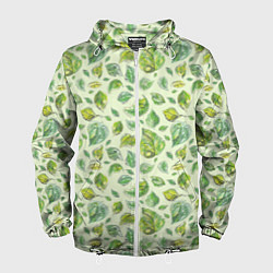 Ветровка с капюшоном мужская Акварельные листья с узором, цвет: 3D-белый